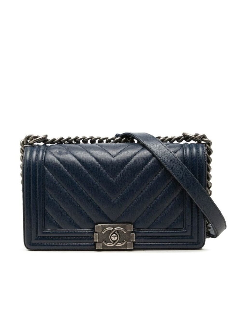 Chanel CC Logo Boy Chain Shoulder Bag Navy Caviar Leather